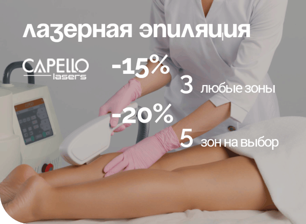  Акции скидка лазерная эпиляция 3 любые зоны -15% или 5 зон на выбор -20% скидка